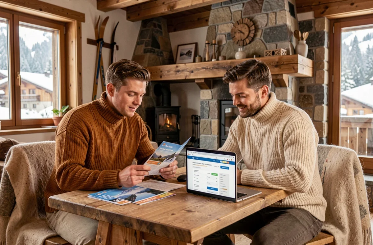 Couple planifiant leur séjour aux Deux Alpes avec des brochures de forfaits ski et un ordinateur portable dans un chalet alpin chaleureux