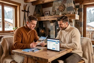 Couple planifiant leur séjour aux Deux Alpes avec des brochures de forfaits ski et un ordinateur portable dans un chalet alpin chaleureux