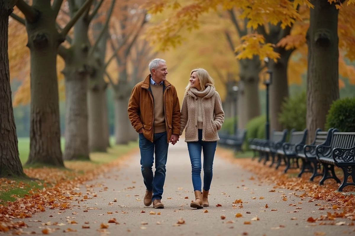 Couple marchant main dans la main dans un parc parisien en automne