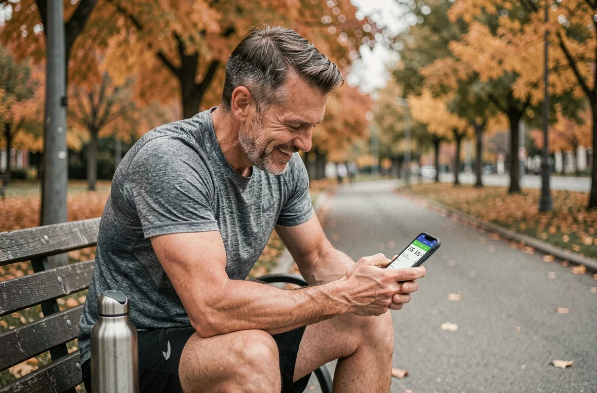 Coureur masculin assis sur un banc de parc après une sortie longue, analysant son rythme en min/km sur une application de course à pied