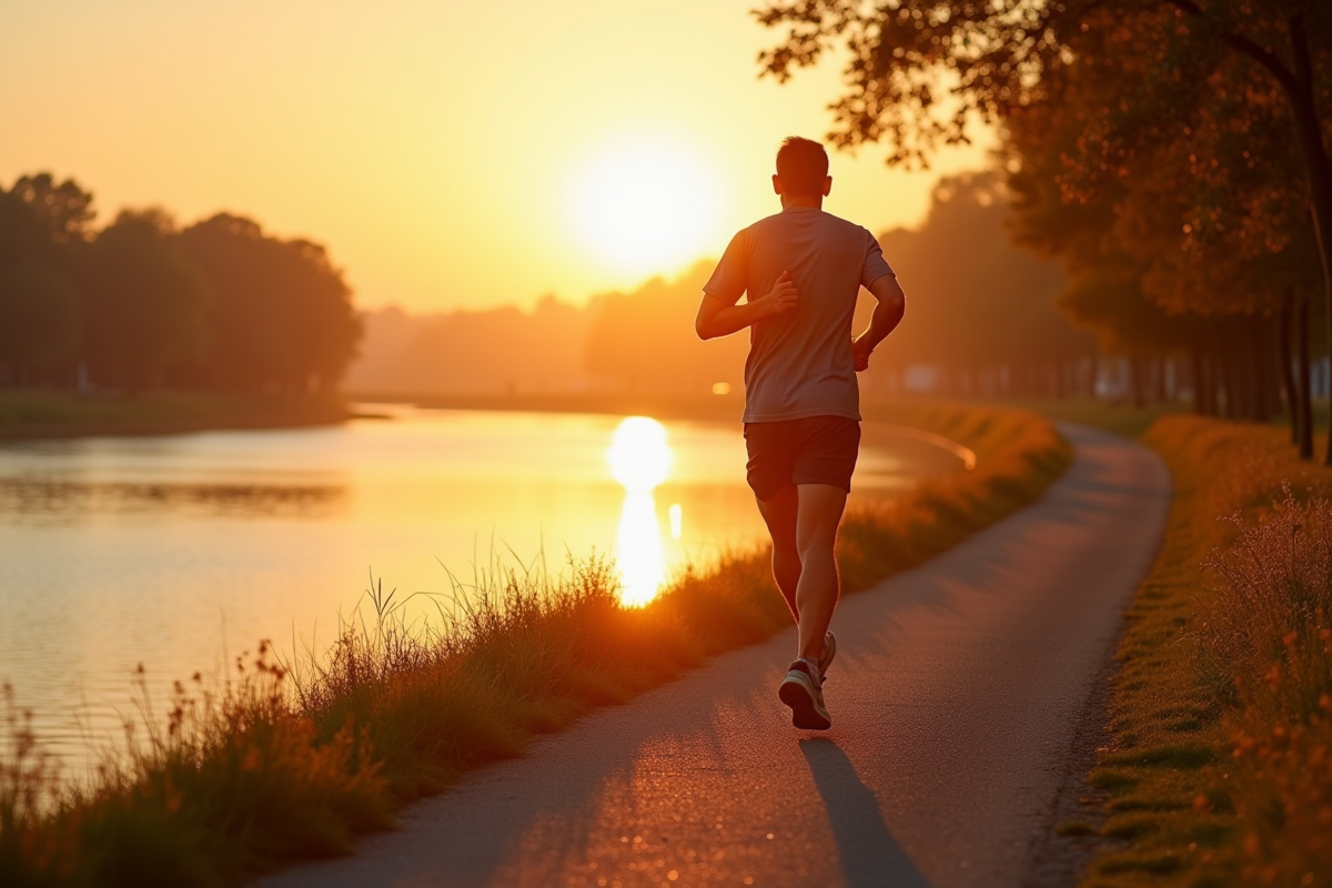 Coureur profitant du lever du soleil au bord de la rivière