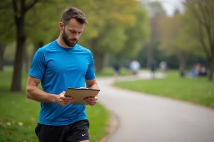 Coureur homme en t-shirt bleu et short noir dans un parc urbain