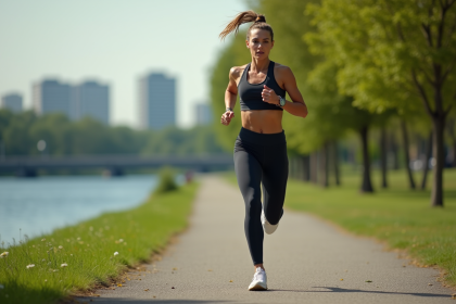 Femme courant dans un parc urbain verdoyant