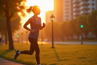 Femme en course au parc au lever du soleil avec montre connectée