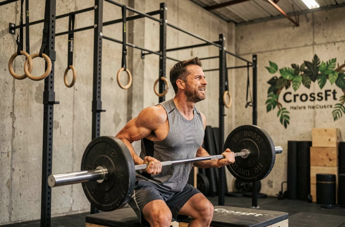 Athlète masculin soulevant une barre olympique dans la box CrossFit Canopée avec décor industriel et végétal