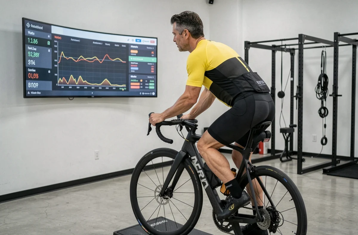 Cycliste professionnel analysant des données de puissance en watts sur écran dans un laboratoire de performance sportive moderne, évoquant l'héritage technologique du cyclisme post-Armstrong
