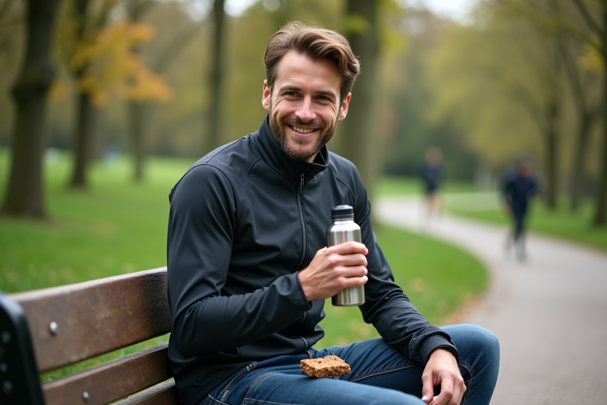 Homme cycliste se reposant dans un parc avec une barre énergétique