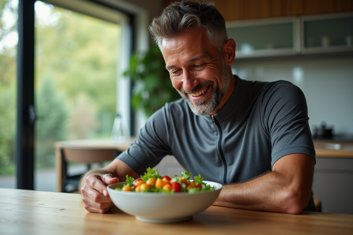 Homme moyenâgeux mangeant une salade dans sa cuisine