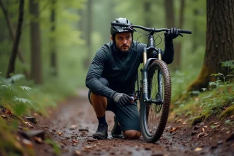Homme en VTT vérifiant la pression des pneus en forêt