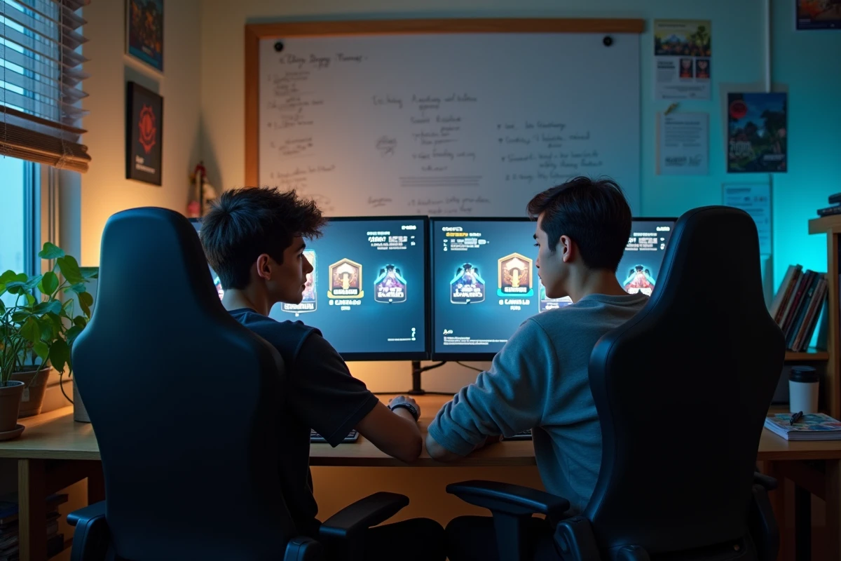 Deux joueurs étudiants analysant les rangs et seuils de LP de League of Legends ensemble sur un grand écran