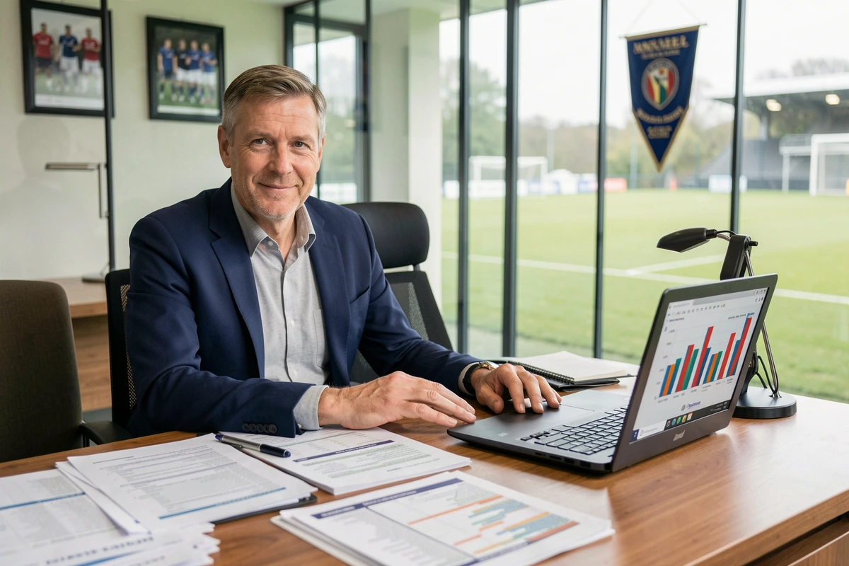 Directeur financier d'un club de Ligue 1 analysant le budget de la saison 2026 dans son bureau avec des rapports financiers et un ordinateur portable
