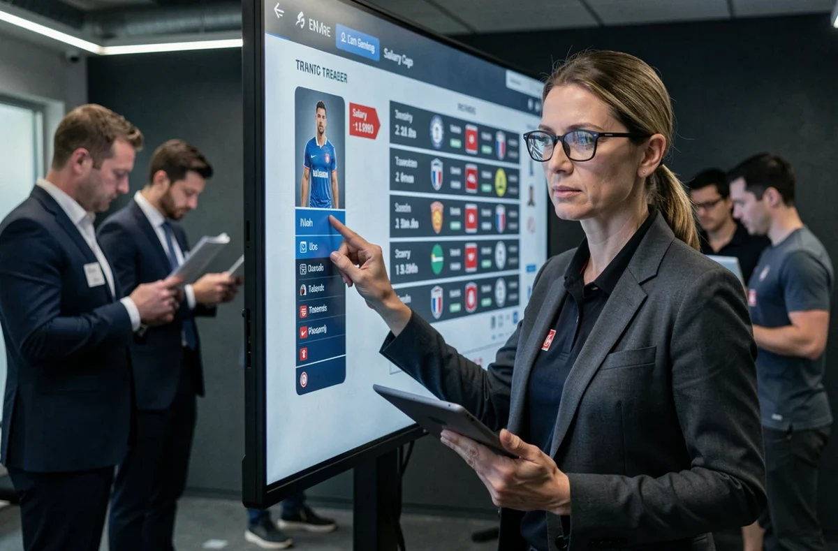 Directrice sportive analysant les données de transfert du mercato football féminin devant un tableau tactique numérique