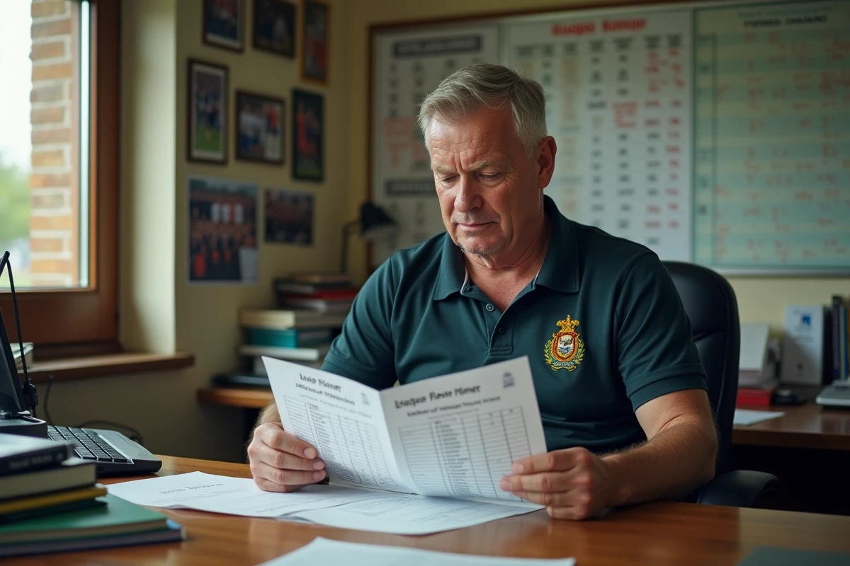 Dirigeant du club de rugby de Bergerac comparant les classements Fédérale et N2 dans son bureau