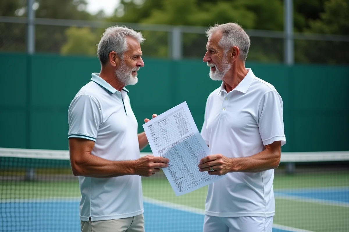 Deux joueurs de tennis discutant de la répartition des points P100 et des critères d'entrée dans les tableaux en bord de court