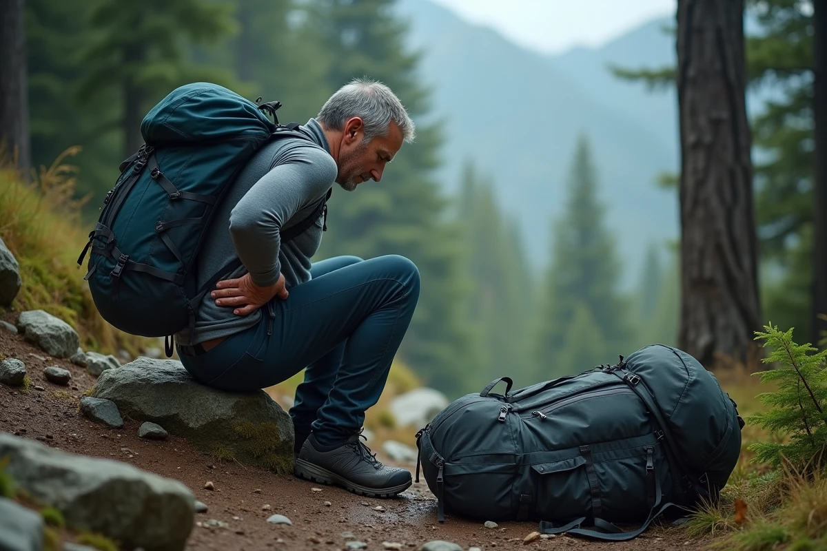 Randonneur épuisé massant son dos après avoir porté un sac 70L trop lourd, assis au bord d'un sentier forestier