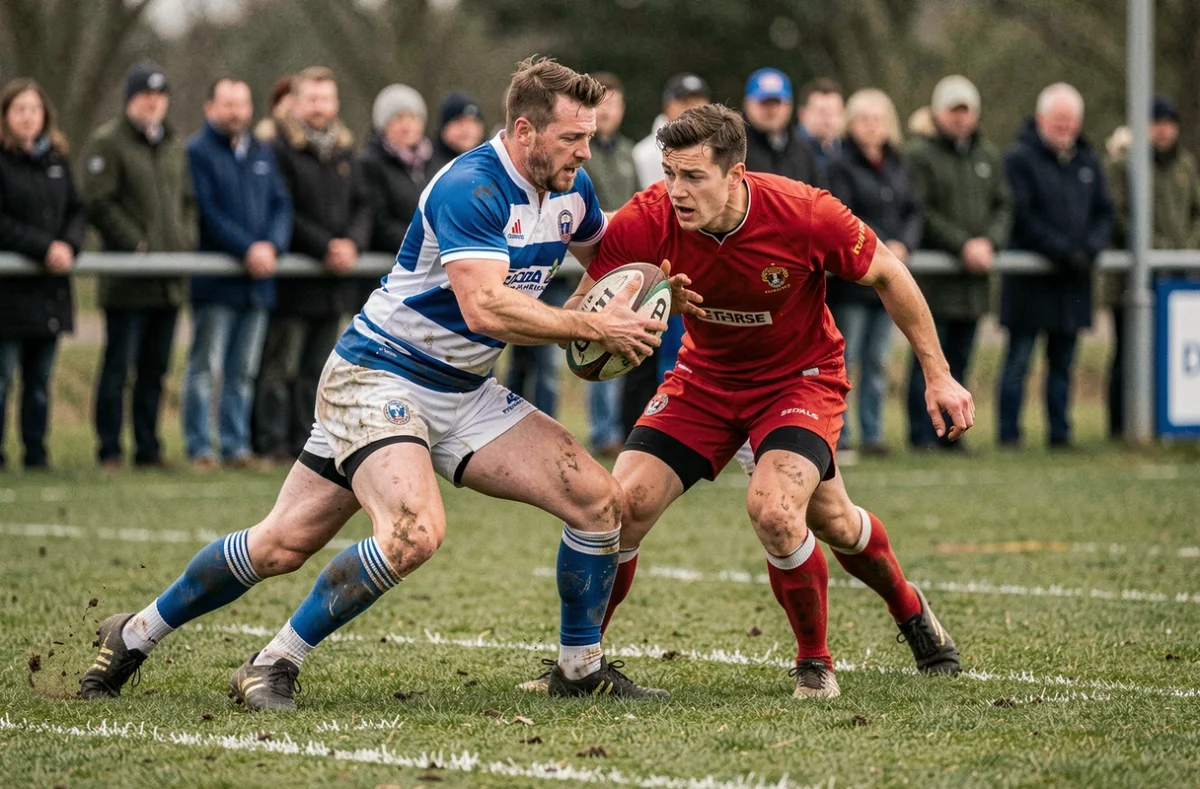 Duel entre deux joueurs de rugby amateur lors d'un match décisif de Fédérale 2 poule 3 en 2026