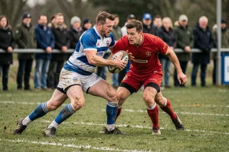 Duel entre deux joueurs de rugby amateur lors d'un match décisif de Fédérale 2 poule 3 en 2026