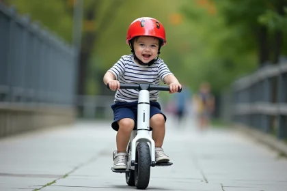 Enfant en bas âge sur une draisienne électrique blanche avec casque rouge, comparatif urban glide 140 en milieu urbain