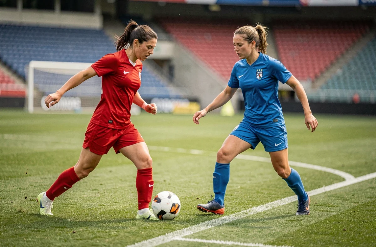 Deux joueuses de football féminin lors d'un entraînement professionnel sur un terrain de stade, illustrant la montée en niveau du foot féminin