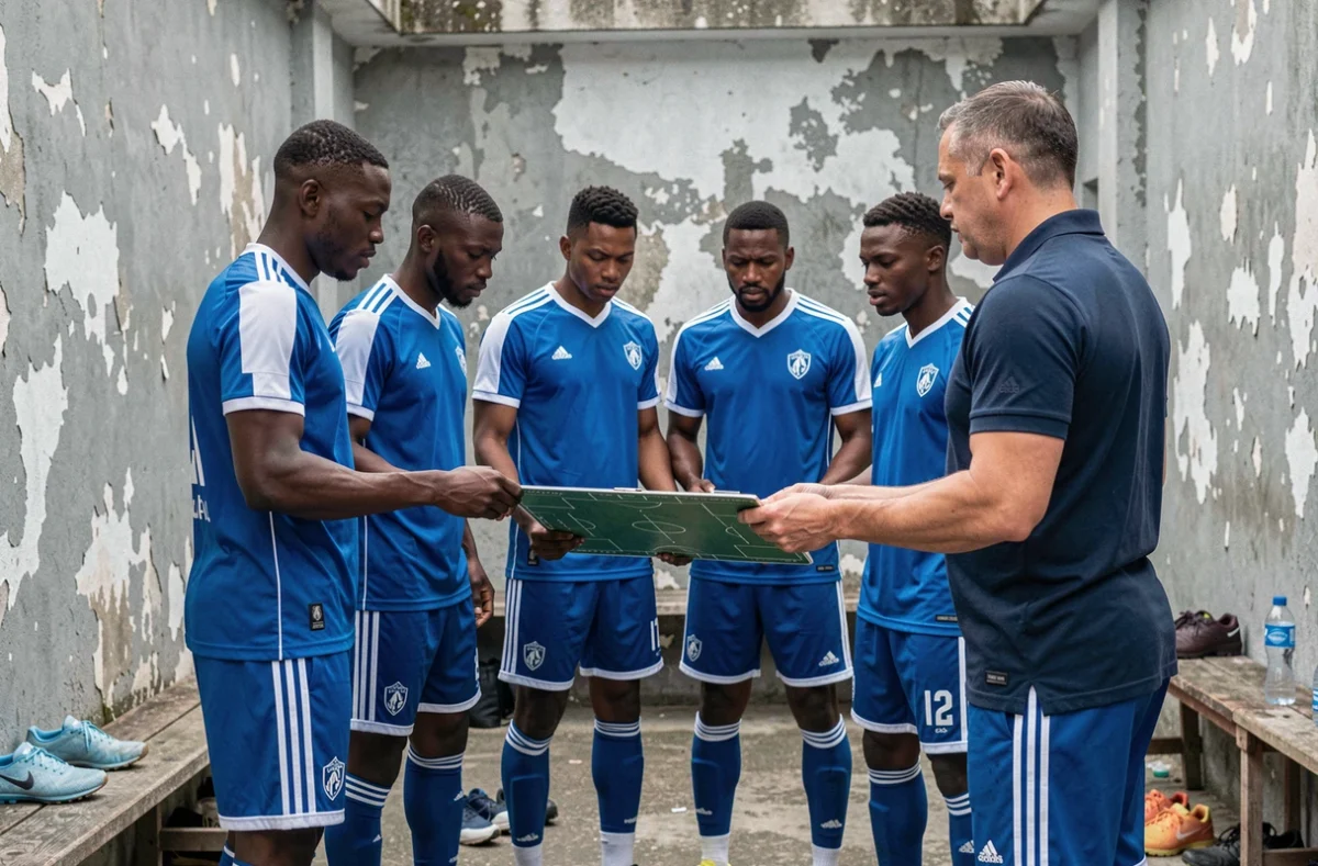 Entraîneur et joueurs d'un club de football de RD Congo analysant une tactique lors d'une séance d'entraînement