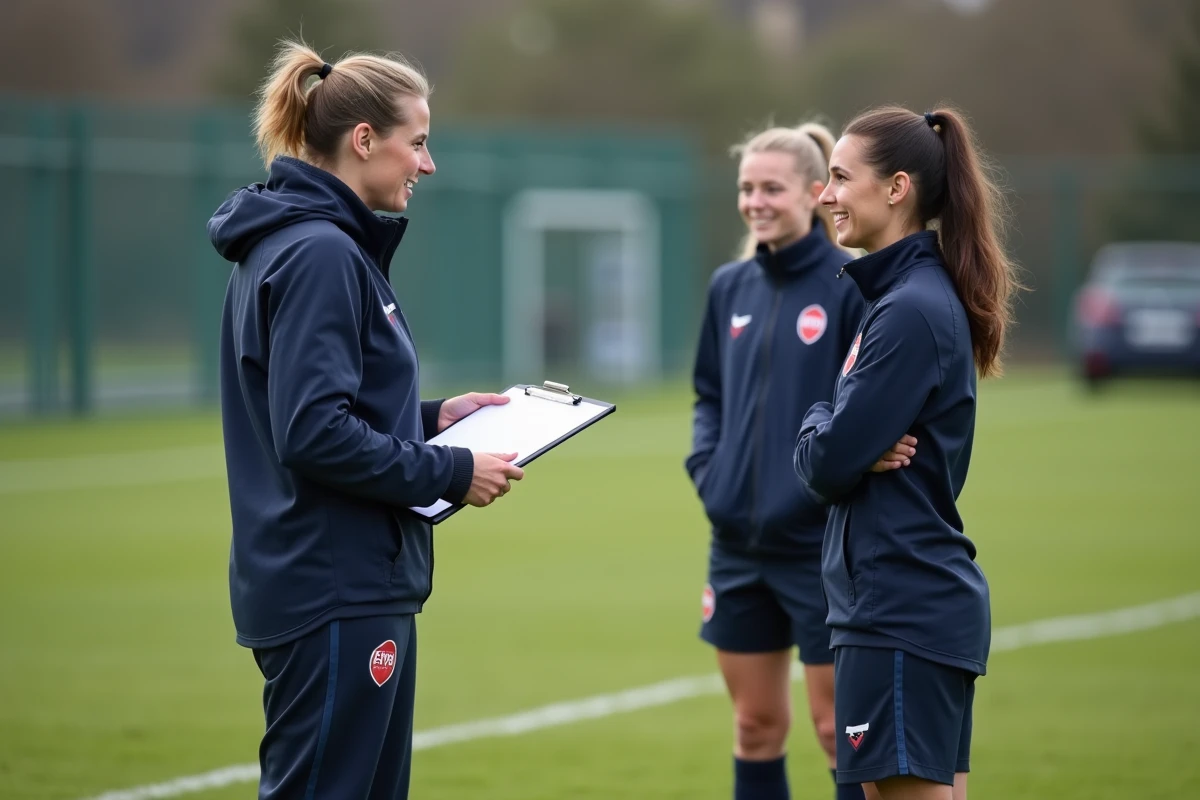 Entraîneuse de football féminin en Essonne donnant des instructions tactiques à ses joueuses lors d'un entraînement