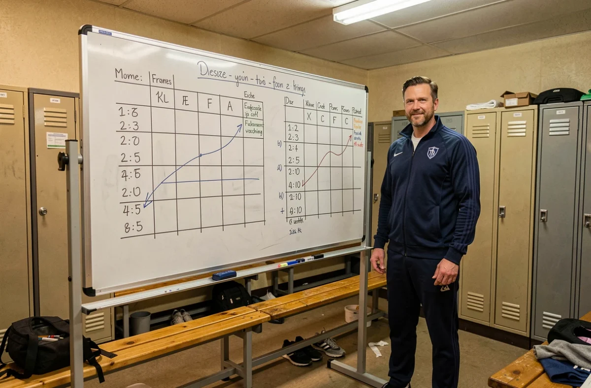Entraîneur de rugby Fédérale 2 devant un tableau tactique avec classement et statistiques dans un vestiaire de club amateur