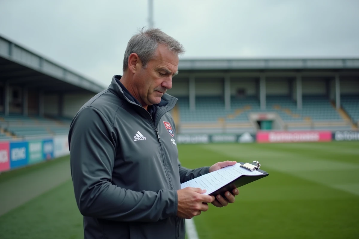 Entraîneur de club de rugby nationale 2 analysant la liste des transferts mercato sur un terrain français