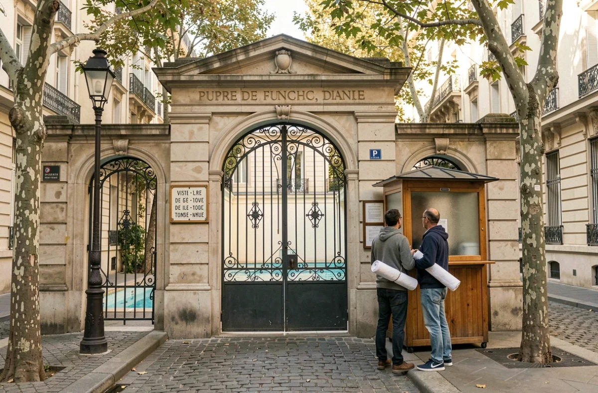Entrée principale de la piscine de la Butte-aux-Cailles dans le 13e arrondissement de Paris avec portail en fer forgé et guichet de billetterie