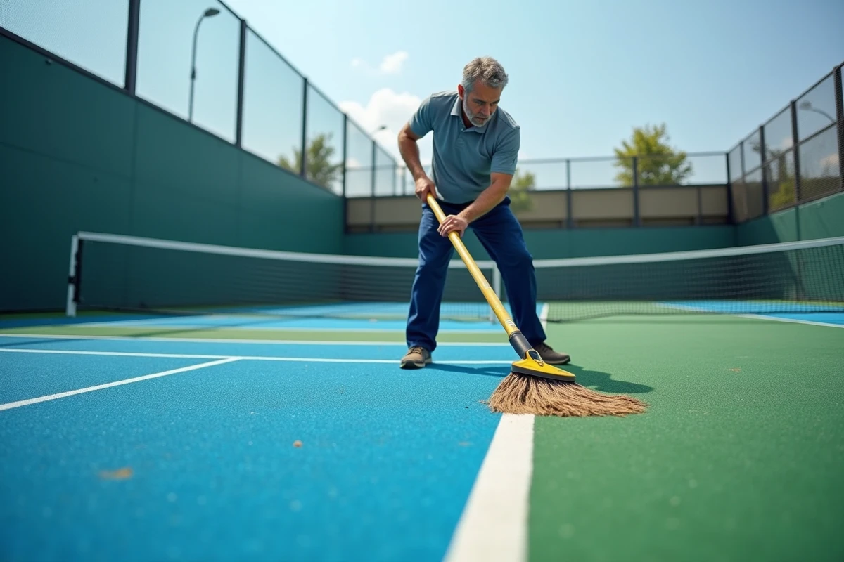 Responsable de terrain en train de balayer la surface en gazon synthétique d'un court de padel extérieur avec un balai professionnel