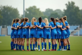 Équipe féminine de football en Essonne lors d'un échauffement collectif sur le terrain, jerseys bleu et blanc avec insignes FFF 91