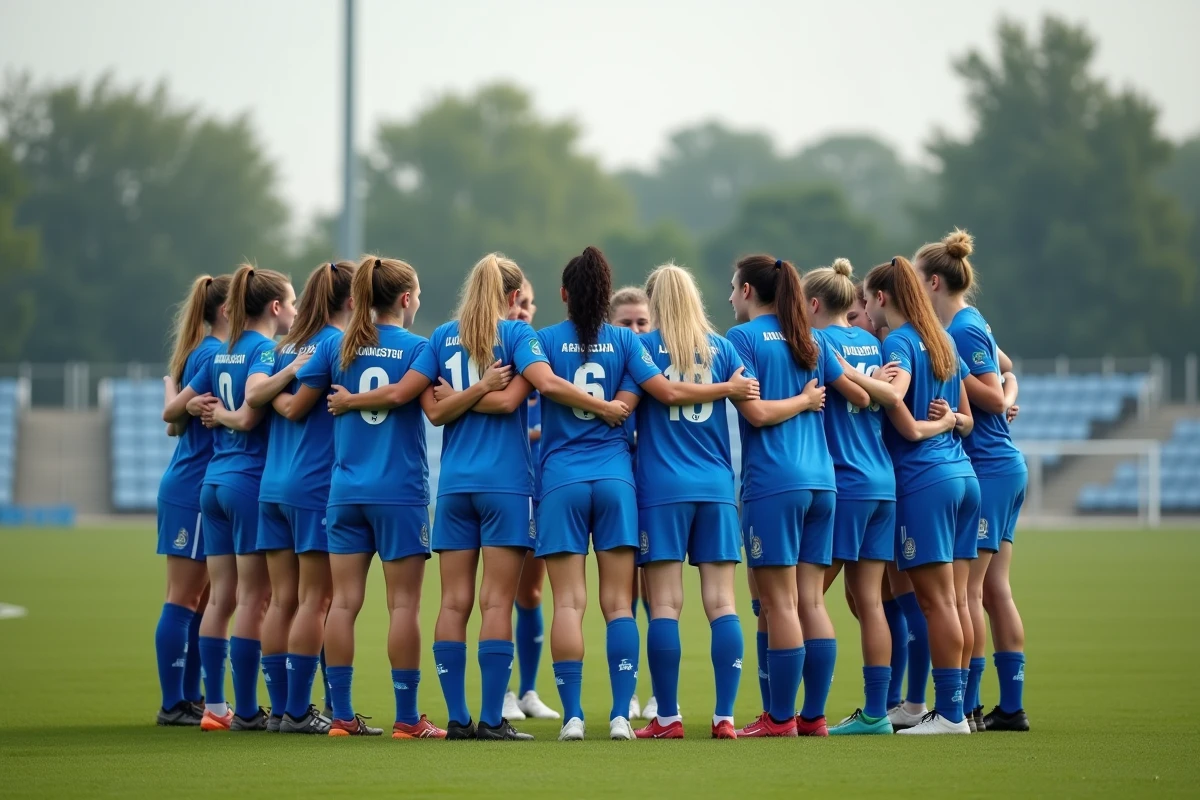 Équipe féminine de football en Essonne lors d'un échauffement collectif sur le terrain, jerseys bleu et blanc avec insignes FFF 91