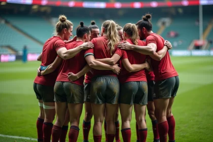 Groupe de joueurs de rugby en embrassade intense avant match