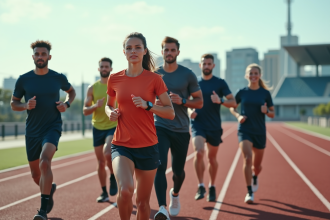 Groupe de jeunes sportifs en entraînement urbain dynamique