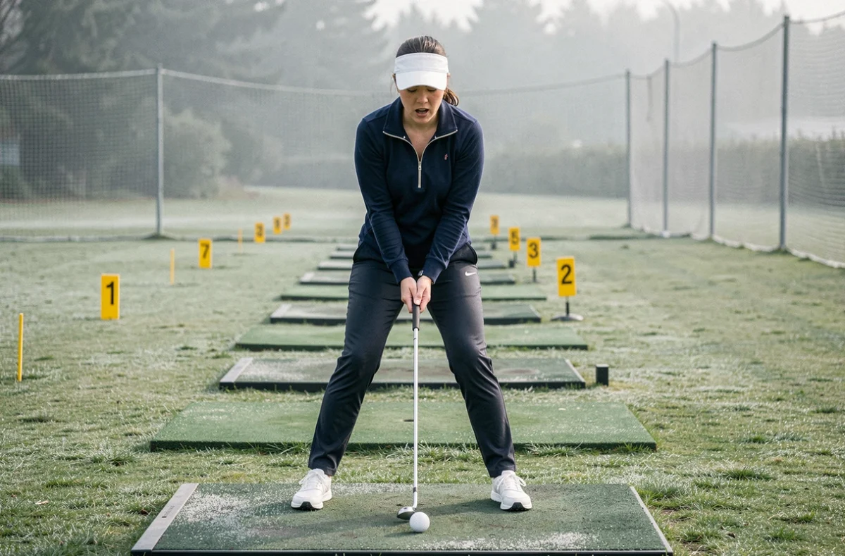 Femme débutante au golf avec une position des pieds incorrecte sur un practice de driving range