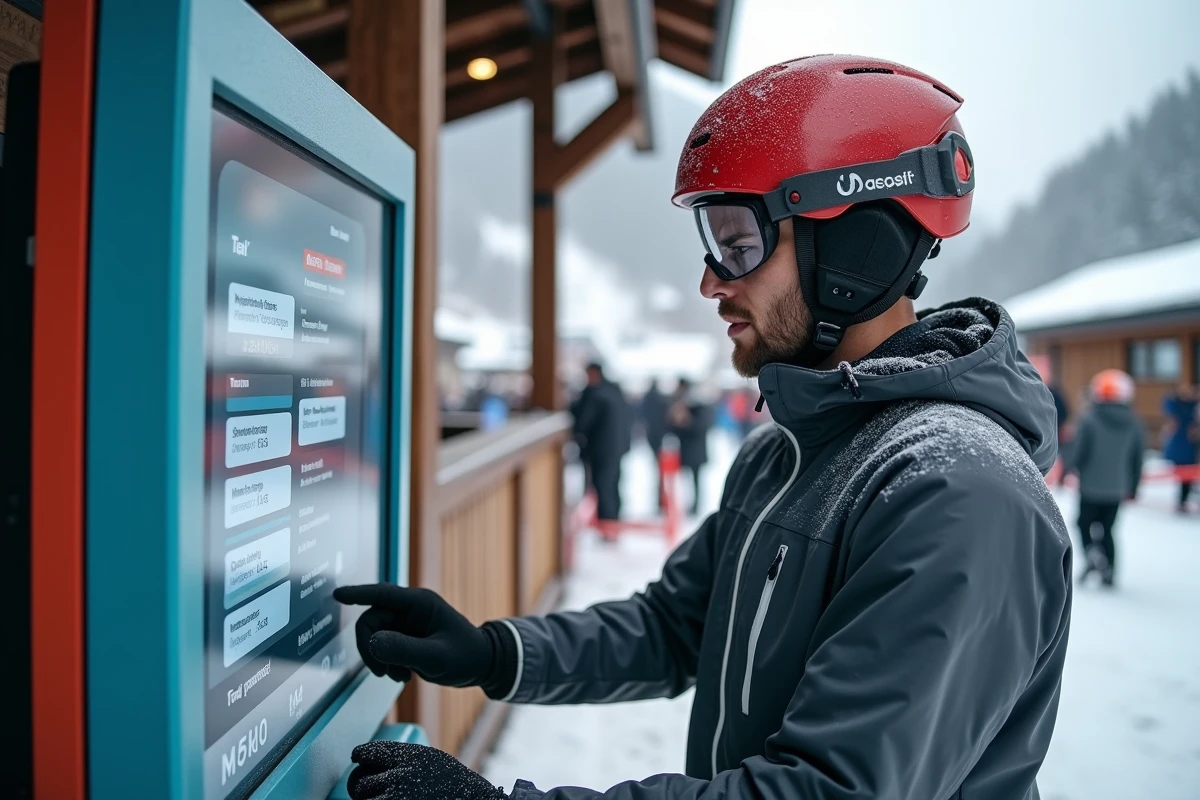 Skieur consultant les options de forfait à une borne de billetterie dans une station de ski alpine