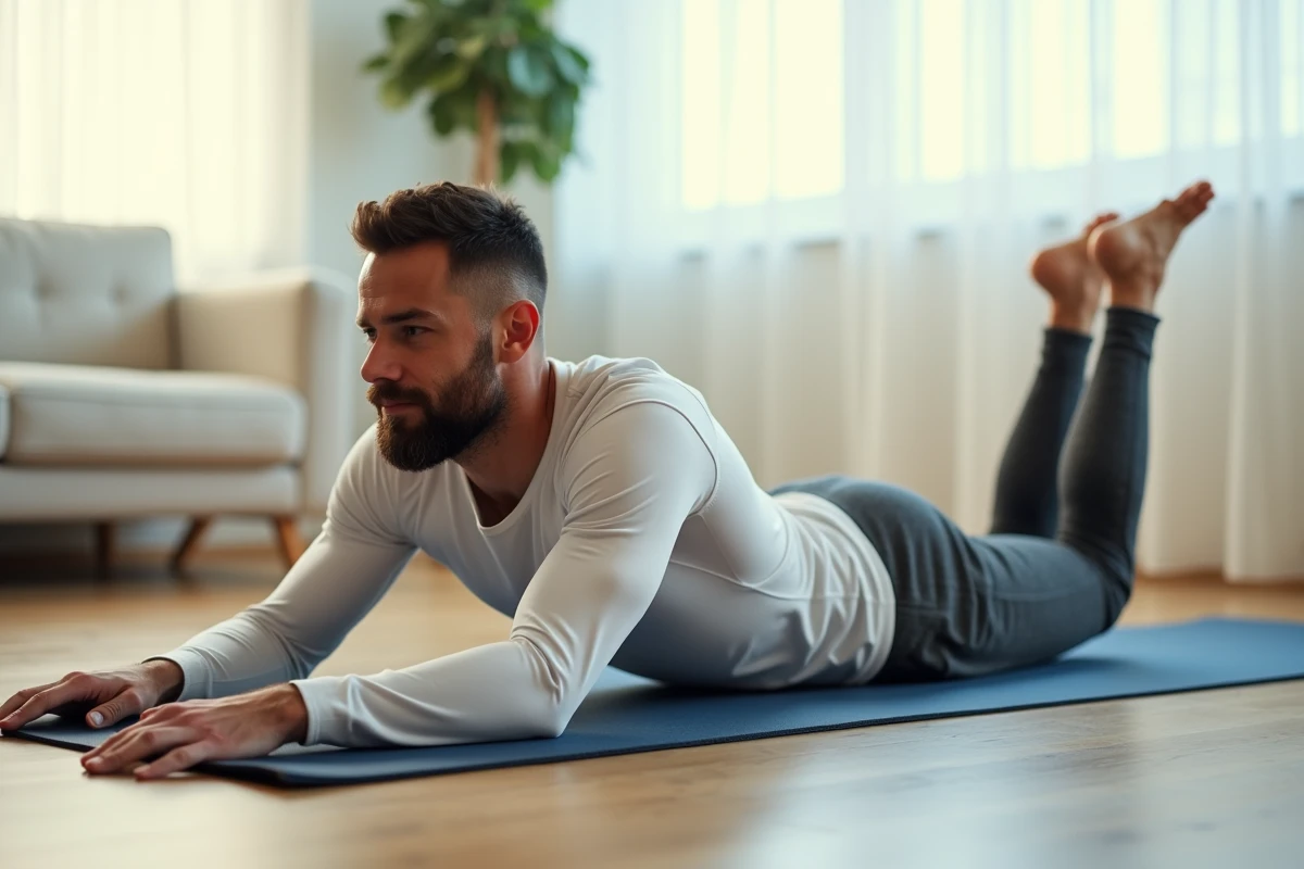 Homme effectuant l'exercice Superman allongé sur tapis de yoga pour renforcer les muscles extenseurs du dos dans le cadre d'une routine callisthénie