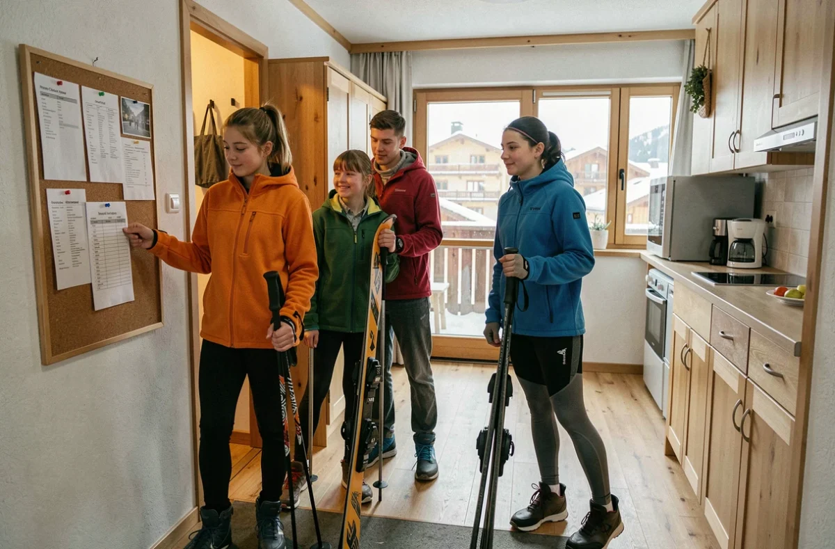 Famille en tenue de ski consultant leur budget hébergement dans un appartement de station aux Deux Alpes