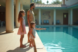 Famille avec enfants au bord de la piscine art deco
