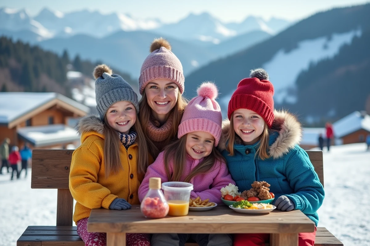 Famille avec enfants partageant un déjeuner au ski en plein air