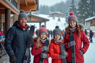 Famille souriante au comptoir de ski en station enneigee