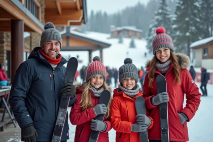 Famille souriante au comptoir de ski en station enneigee