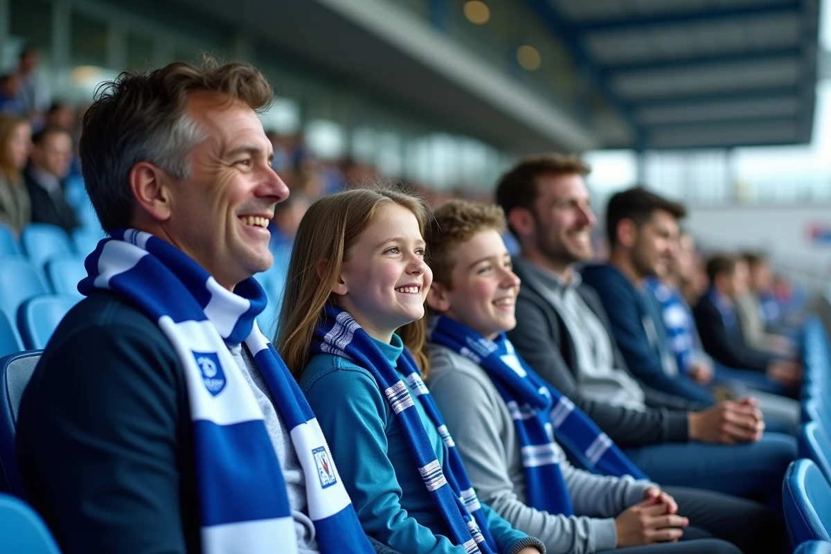 Famille heureuse en tribune famille au stade de la Meinau avec écharpes du RCSA lors d'un match de football