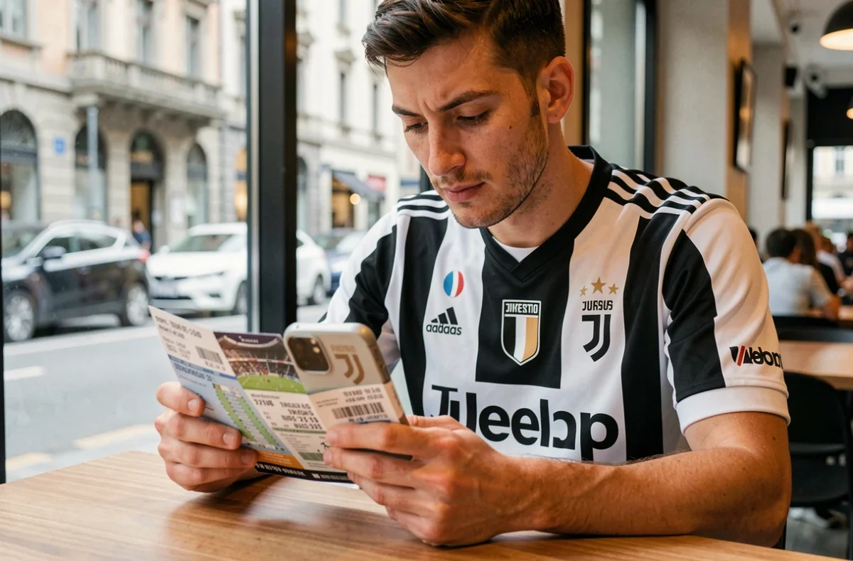 Fan de la Juventus consultant un plan de placement et des billets de match dans un café de Turin