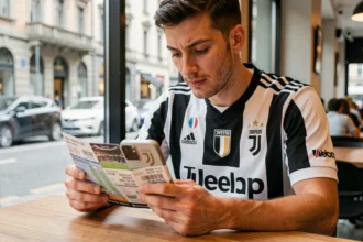 Fan de la Juventus consultant un plan de placement et des billets de match dans un café de Turin