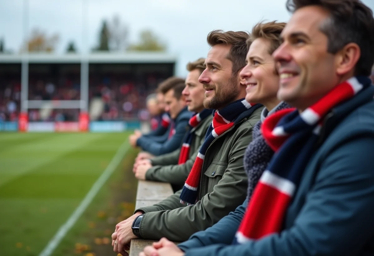 Fans de rugby regardant un match en automne