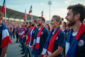 Supporters rugby français devant le stade avec drapeaux