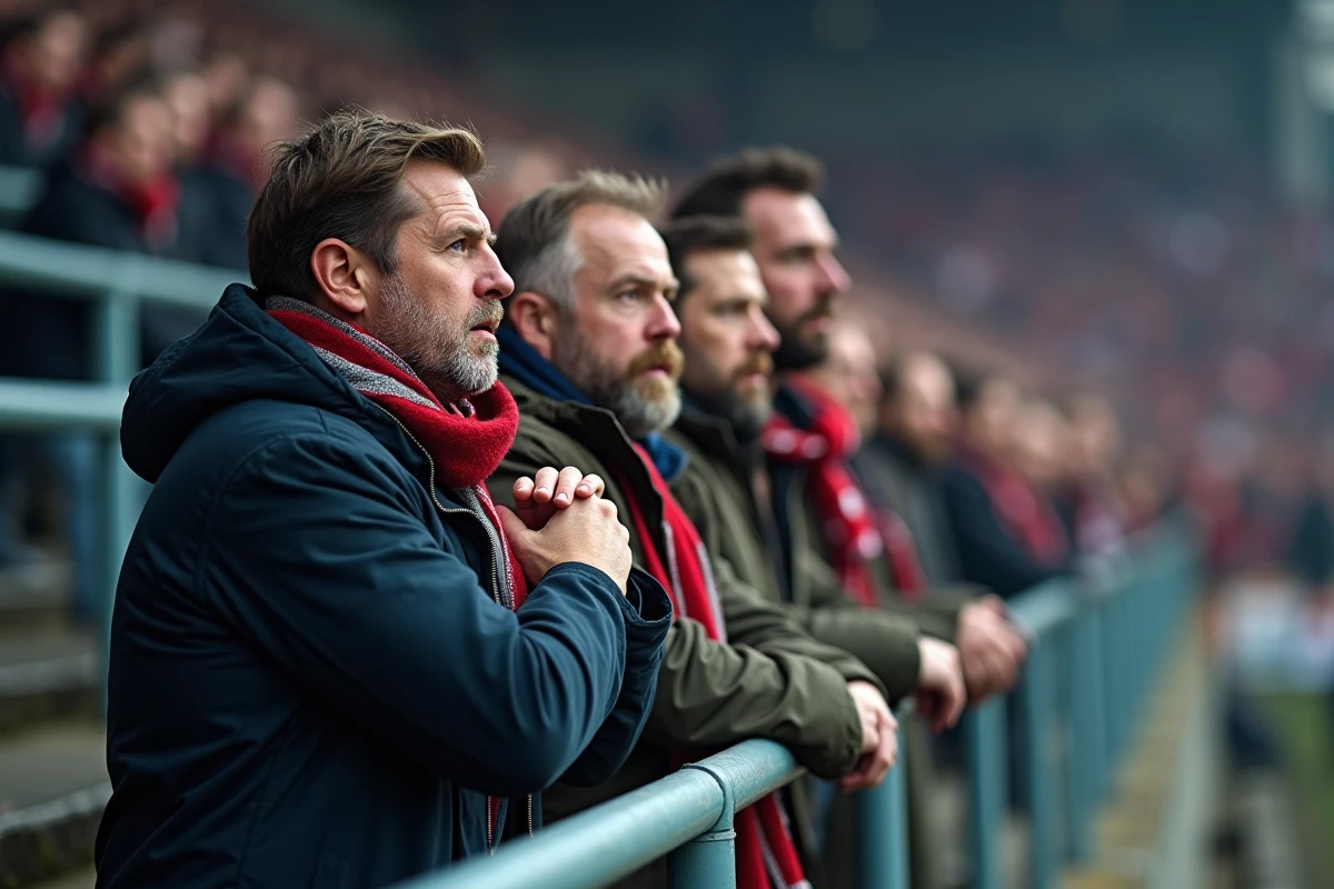 Fans de rugby regardant le match avec tension et espoir