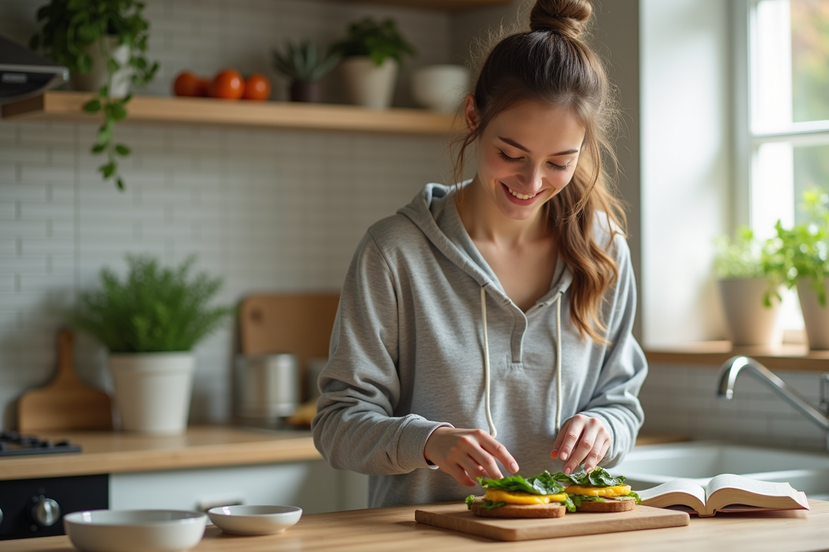 Femme préparant un sandwich protéiné dans la cuisine