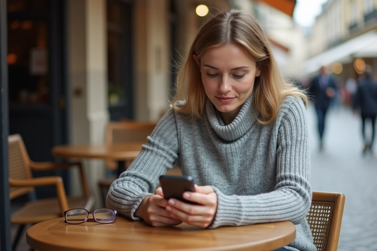 Femme consultant les résultats de courses au trot sur mobile dans un café français