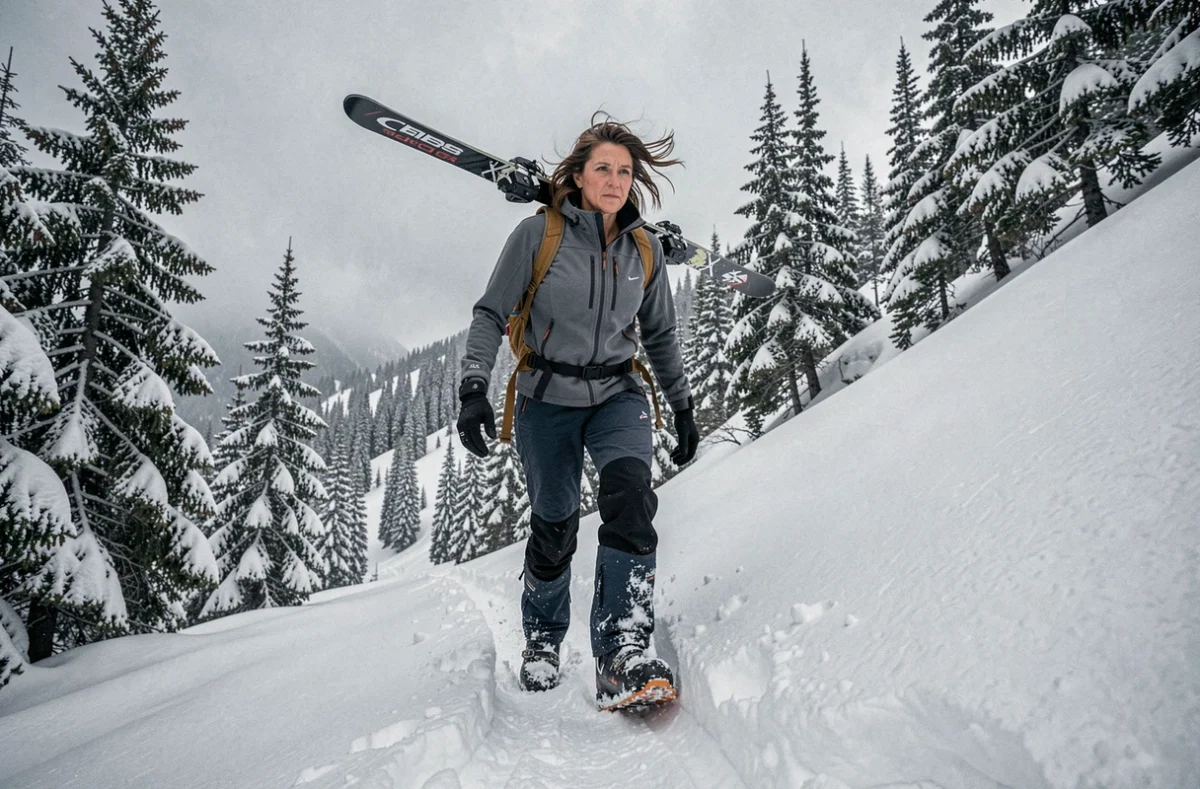 Femme en randonnée ski de rando avec des chaussures freeride dans un couloir hors-piste enneigé en montagne